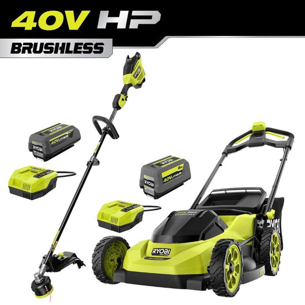 RYOBI 40V HP Brushless 20″ Cordless Battery Walk Behind Push Lawn Mower w/ 40V 17″ String Trimmer, (2) Batteries & Chargers RY40HPLM06K-RY40HPST02K