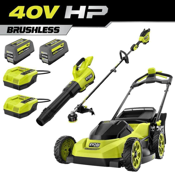 RYOBI 40V HP Brushless 20″ Cordless Battery Walk Behind Self-Propelled Mower, w/ String Trimmer, Blower, Batteries & Chargers RY40HPLM07K-RY40HPCK202K