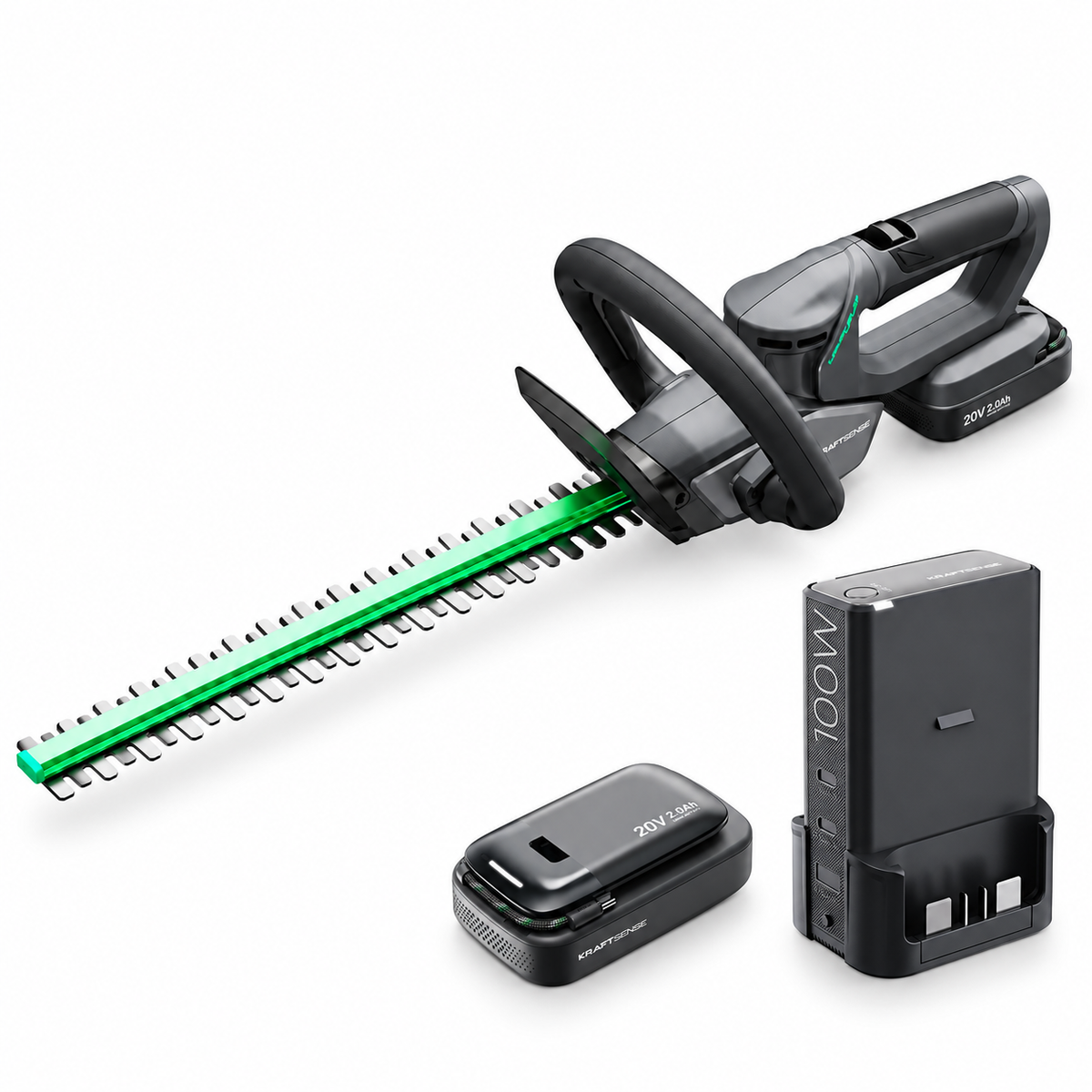 KraftSense U20X Slim 20V Cordless Brushless Hedge Trimmer with 2.0Ah Battery & 100W Dual Charger