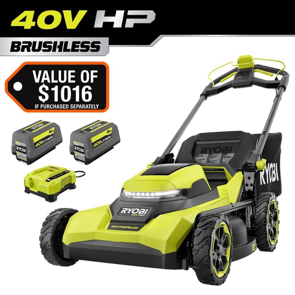 RYOBI 40V HP Brushless 21 in. Cordless Battery Walk Behind Self-Propelled Lawn Mower with (2) 6.0 Ah Batteries and Charger RY40HPLM01K2