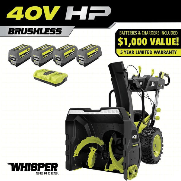 RYOBI 40V HP Brushless Whisper Series 24″ 2-Stage Cordless Electric Self-Propelled Snow Blower – (4) 6 Ah Batteries & Charger RY40870